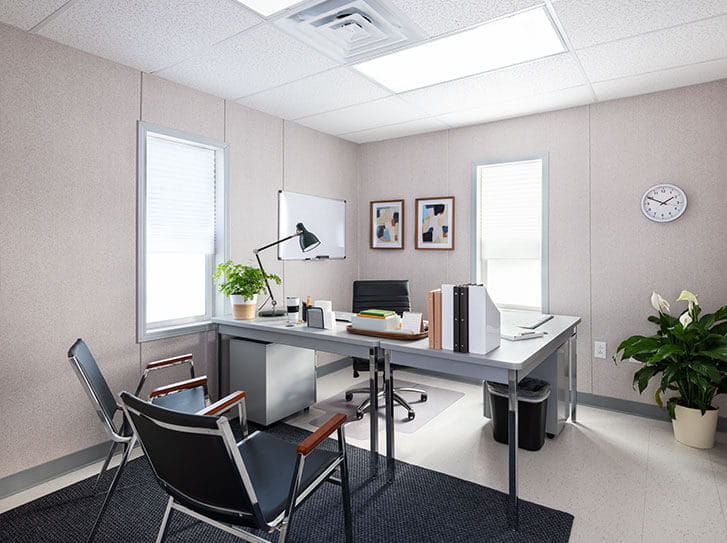 Mobile office interior furnished with office equipment