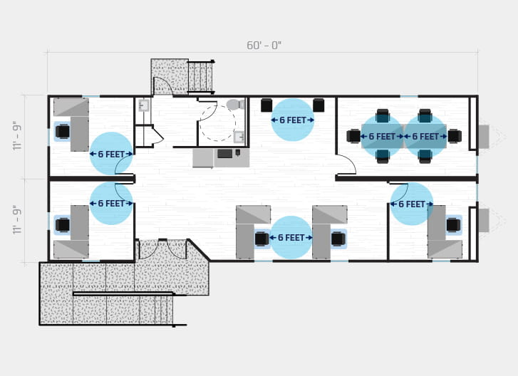 diagram shows 7 person sales office in a 64' x 24' temporary building